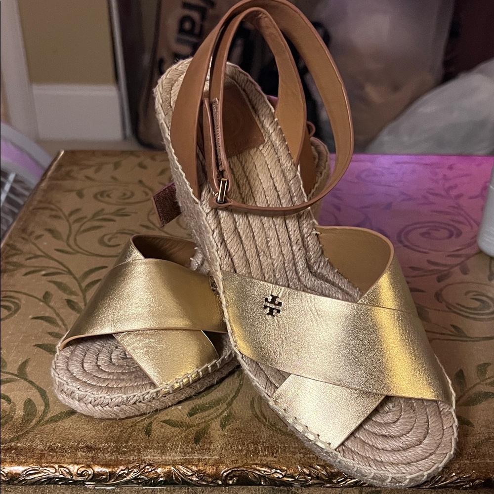 Tory Burch Metallic Gold Espadrille Wedge Sandals
